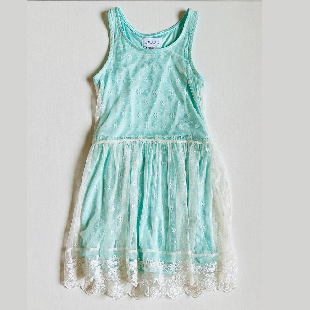 Guess Aqua Blue Dress with Frilly White Lace Flower Pattern Size 7
